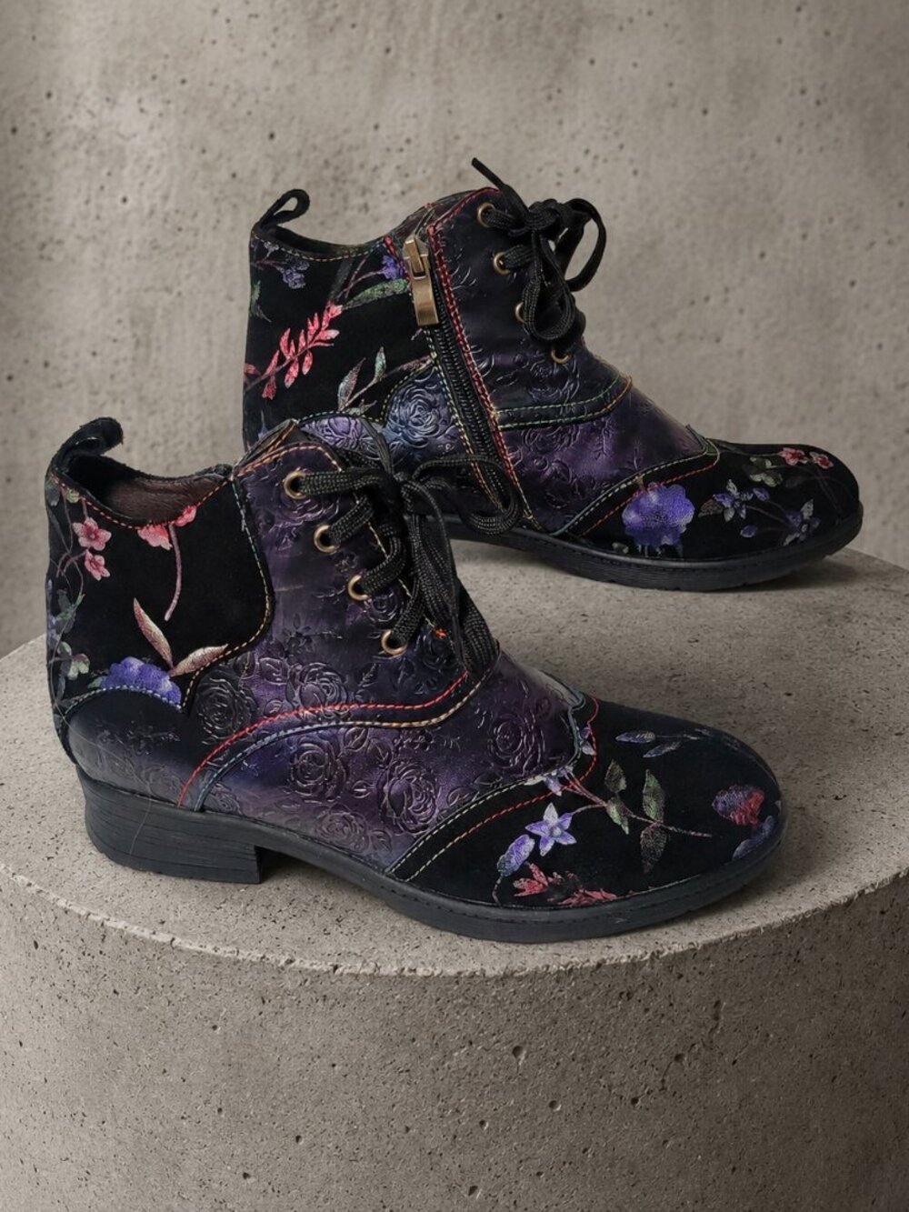 Floral Embossed Lace Up Ankle Boots Women’s Boho Combat Boot Side Zip Artsy Chic